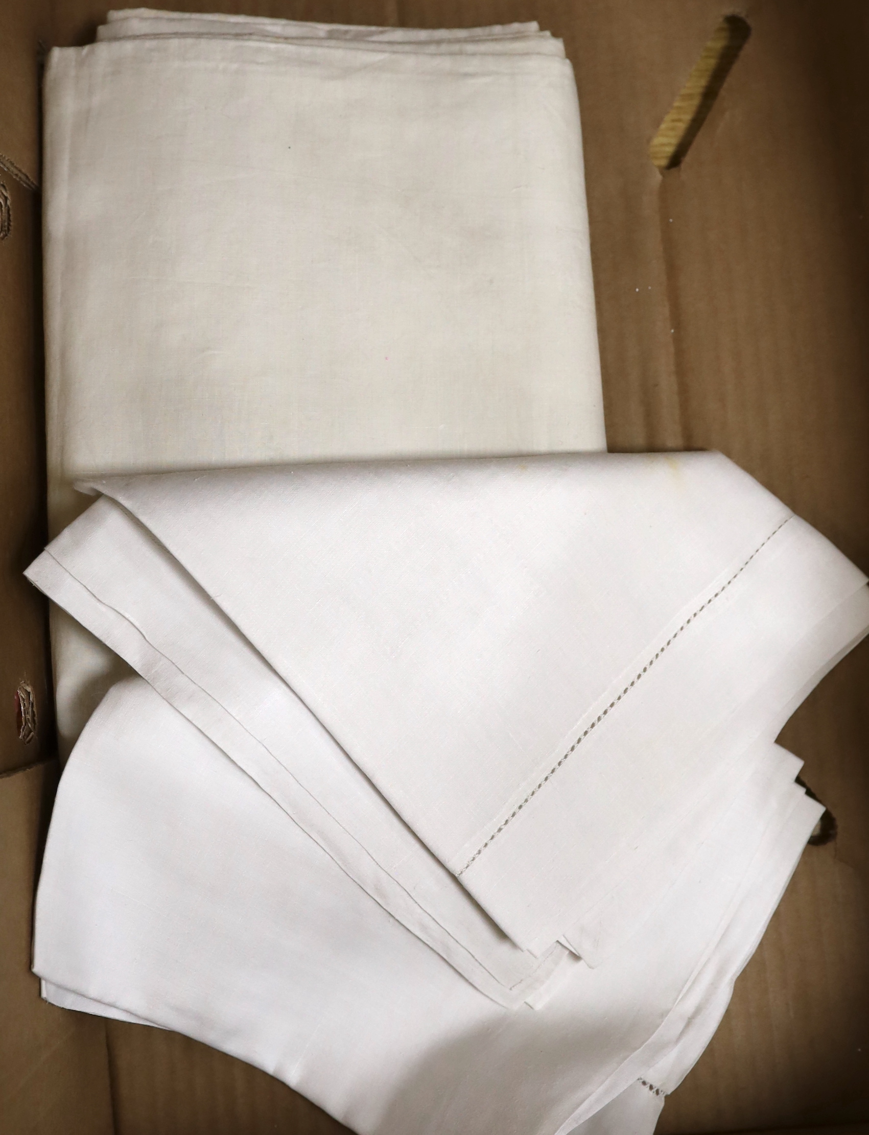 A monogrammed and embroidered lace edged French provincial linen sheet and pillowcase set (3), together with another lace inserted sheet and two plain pillowcases